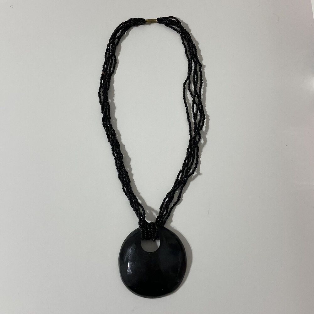 Black Wooden Round Disc Seed Bead Multi-Layer Pendant Necklace Boho Bohemian